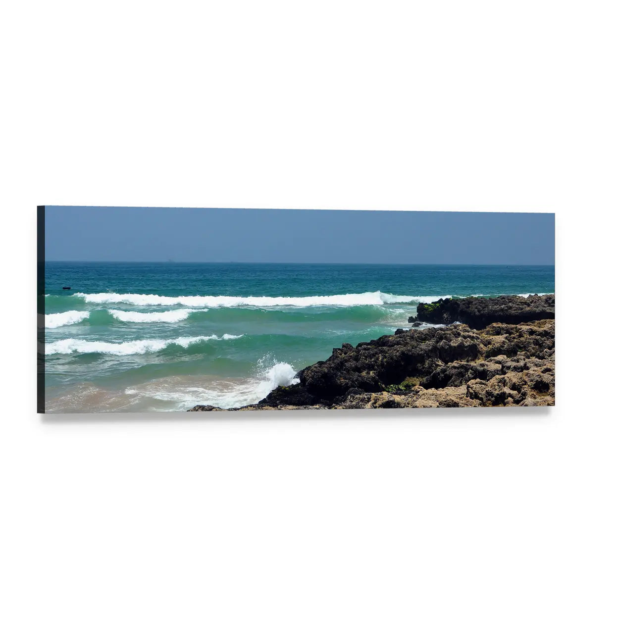 Taghazout Bay Rocky Shoreline Seascape Panoramic Canvas Wall Art, single panel gallery wrapped canvas, angled product view