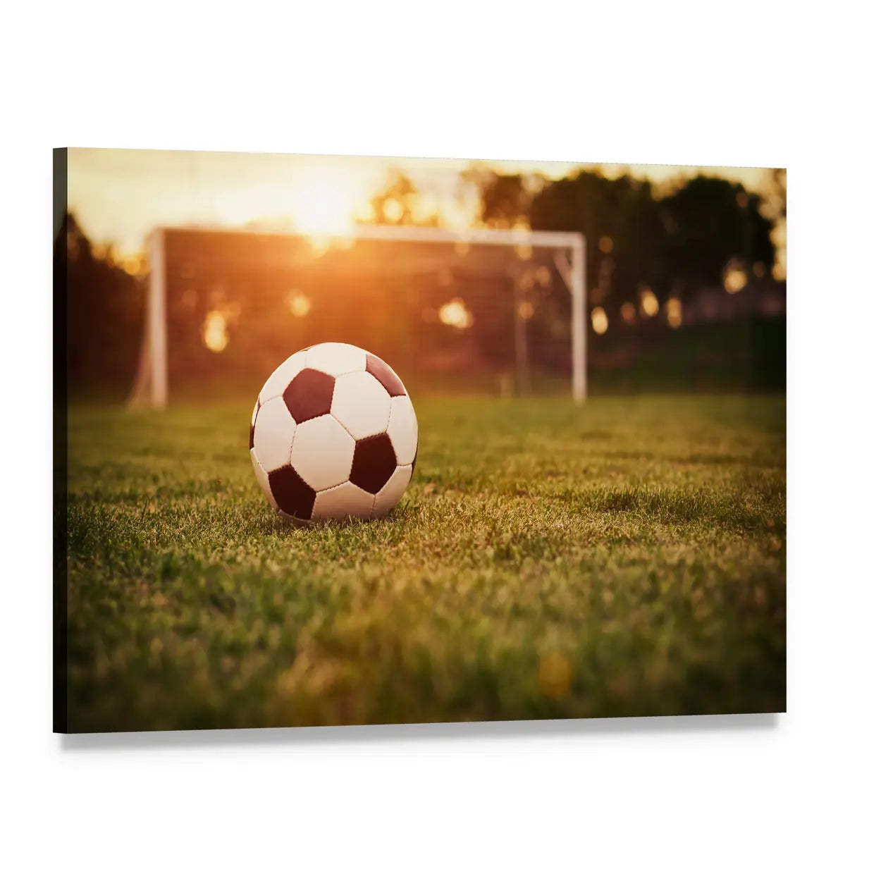 Soccer Ball at Sunset Canvas Wall Art, single panel gallery wrapped canvas, angled product view