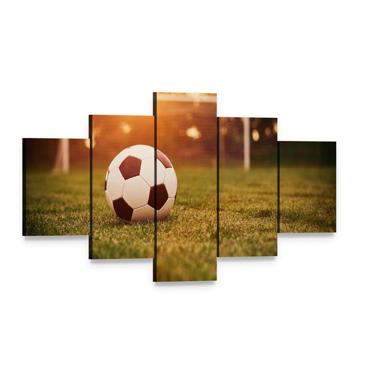 Soccer at Sunset Canvas Wall Art, 5 panel 5 Star layout gallery wrapped canvas set, angled product view
