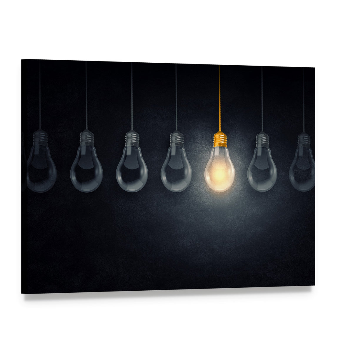 One Lit Lightbulb Among Many Canvas Wall Art, single panel gallery wrapped canvas, angled product view