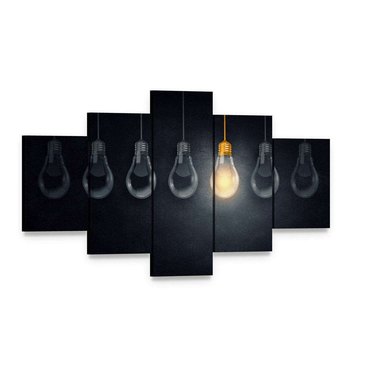 One Lit Lightbulb Among Many Canvas Wall Art, 5 panel 5 Star layout gallery wrapped canvas set, angled product view