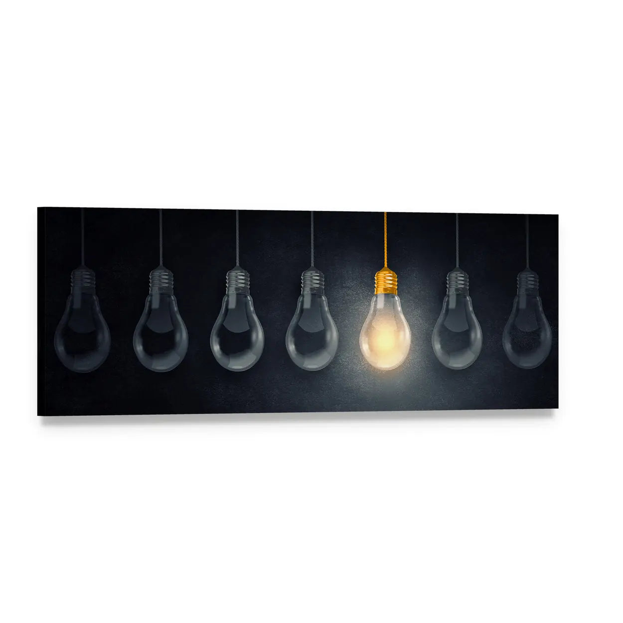 Seven Hanging Light Bulbs, One Glowing Panoramic Canvas Wall Art, single panel gallery wrapped canvas, angled product view