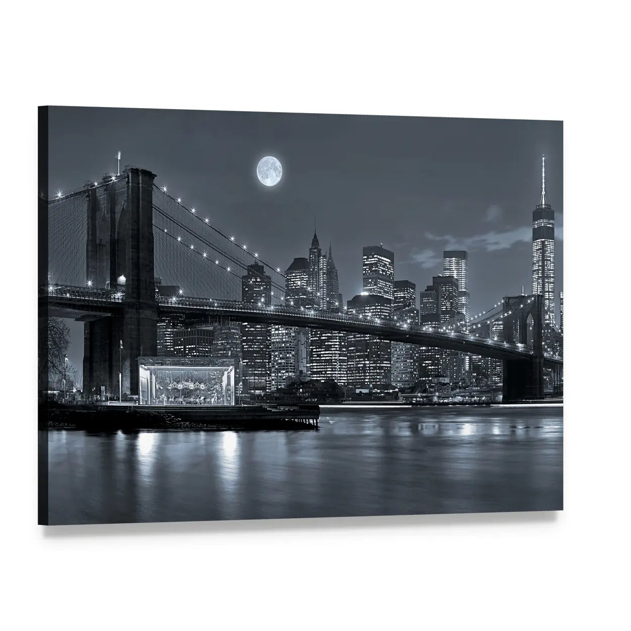Brooklyn Bridge and Lower Manhattan by Moonlight Canvas Wall Art, single panel gallery wrapped canvas, angled product view