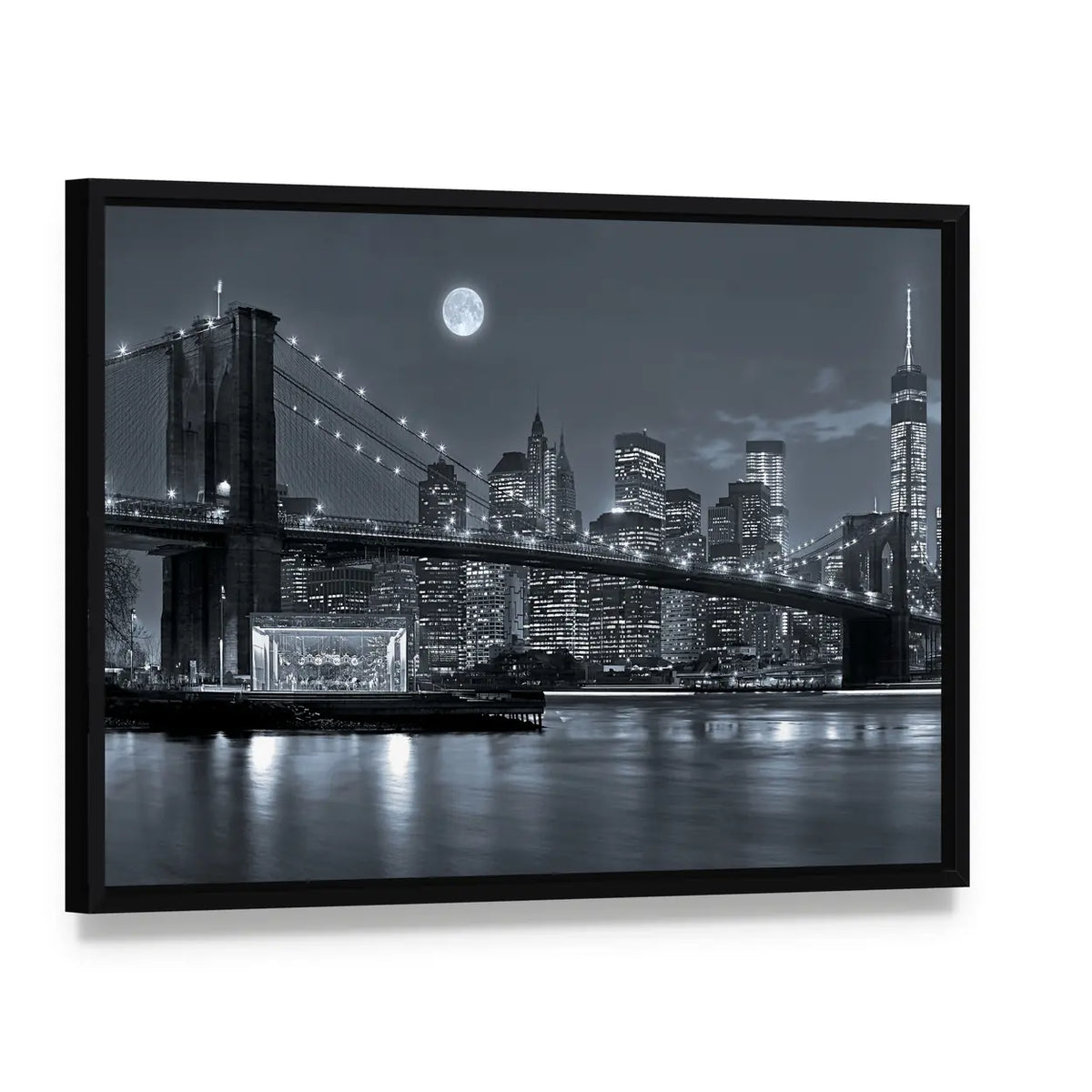 Brooklyn Bridge and Lower Manhattan by Moonlight Canvas Wall Art, framed canvas in a black floater frame, angled product view