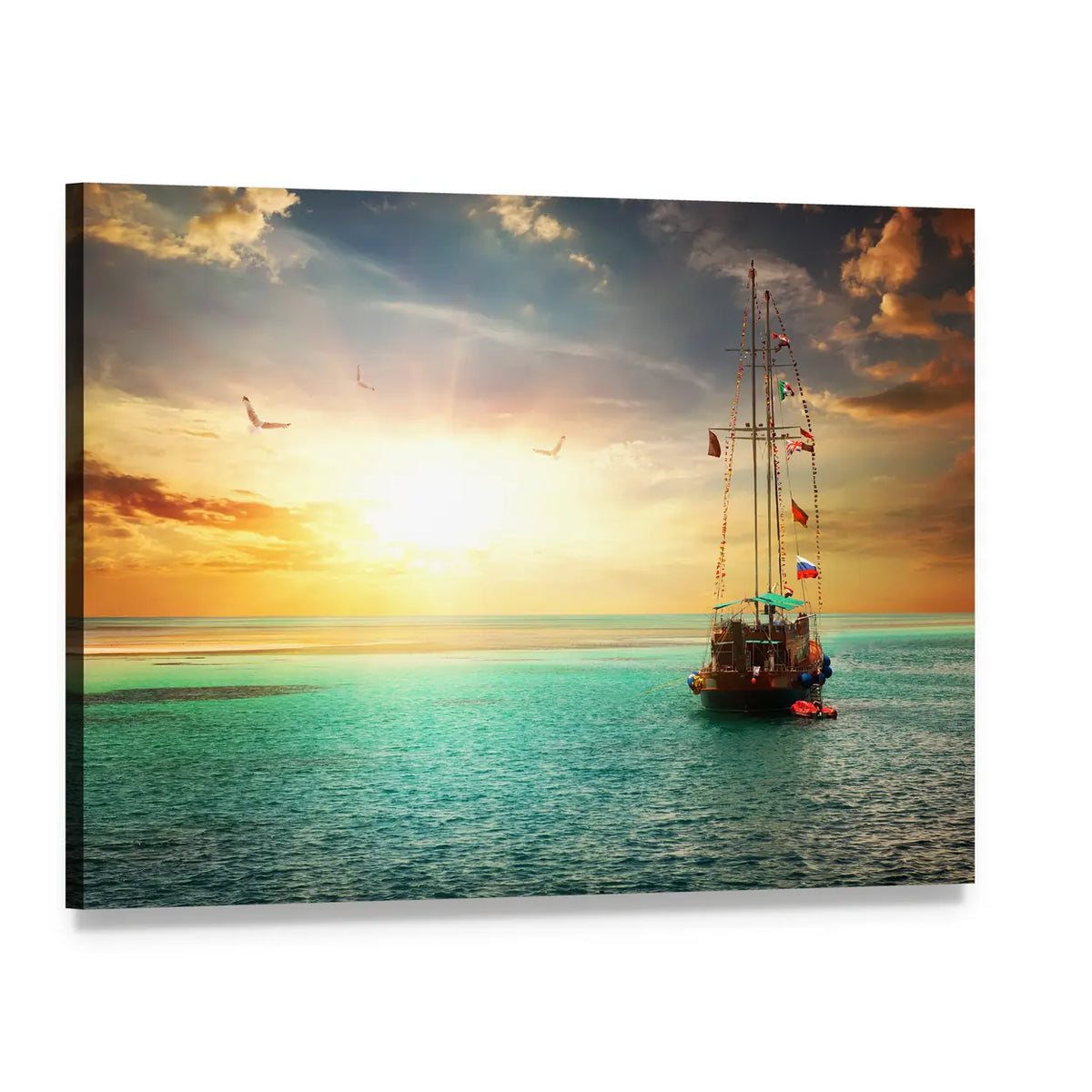 Wooden Yacht at Sunset Canvas Wall Art, single panel gallery wrapped canvas, angled product view