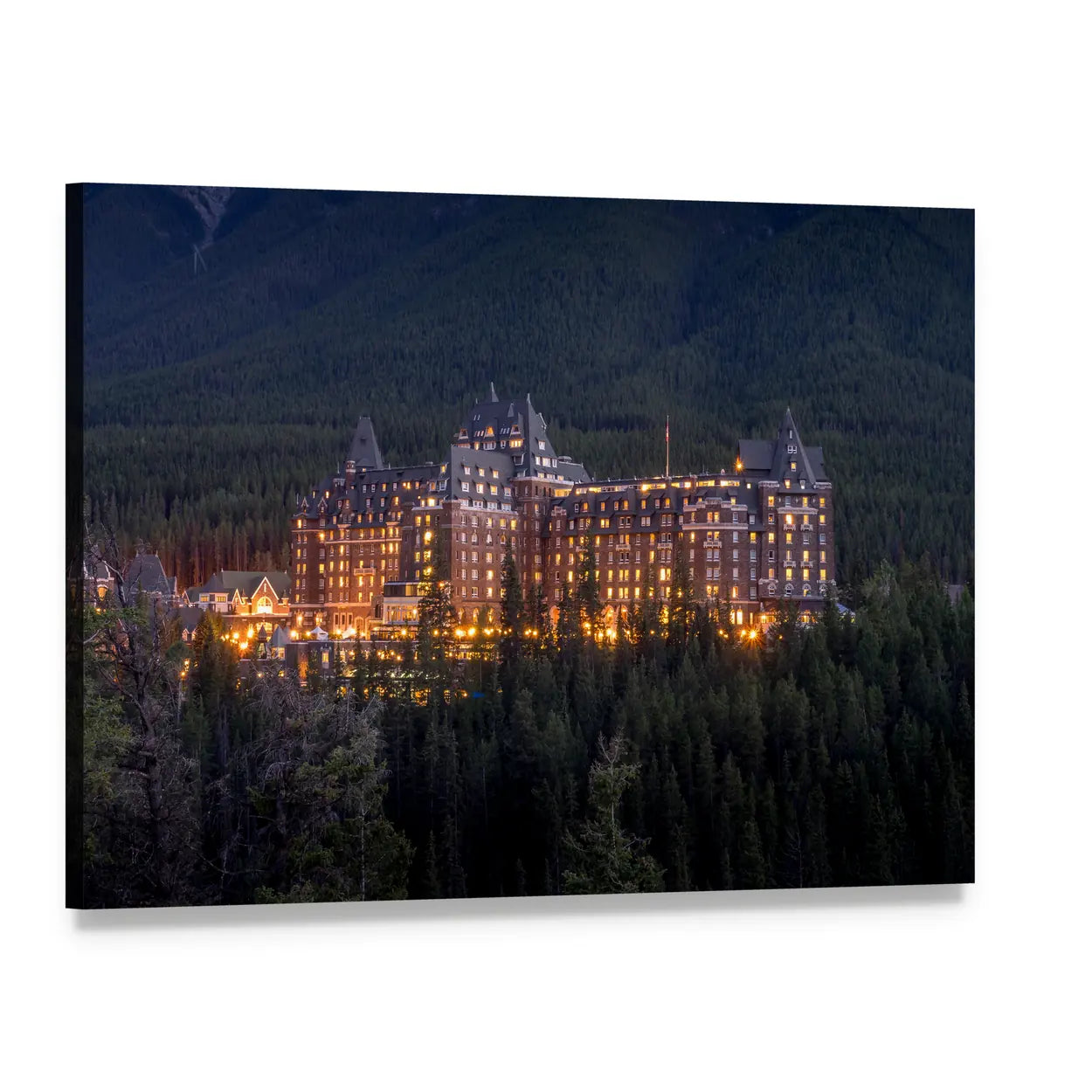 Banff Springs Hotel at Night Canvas Wall Art, single panel gallery wrapped canvas, angled product view