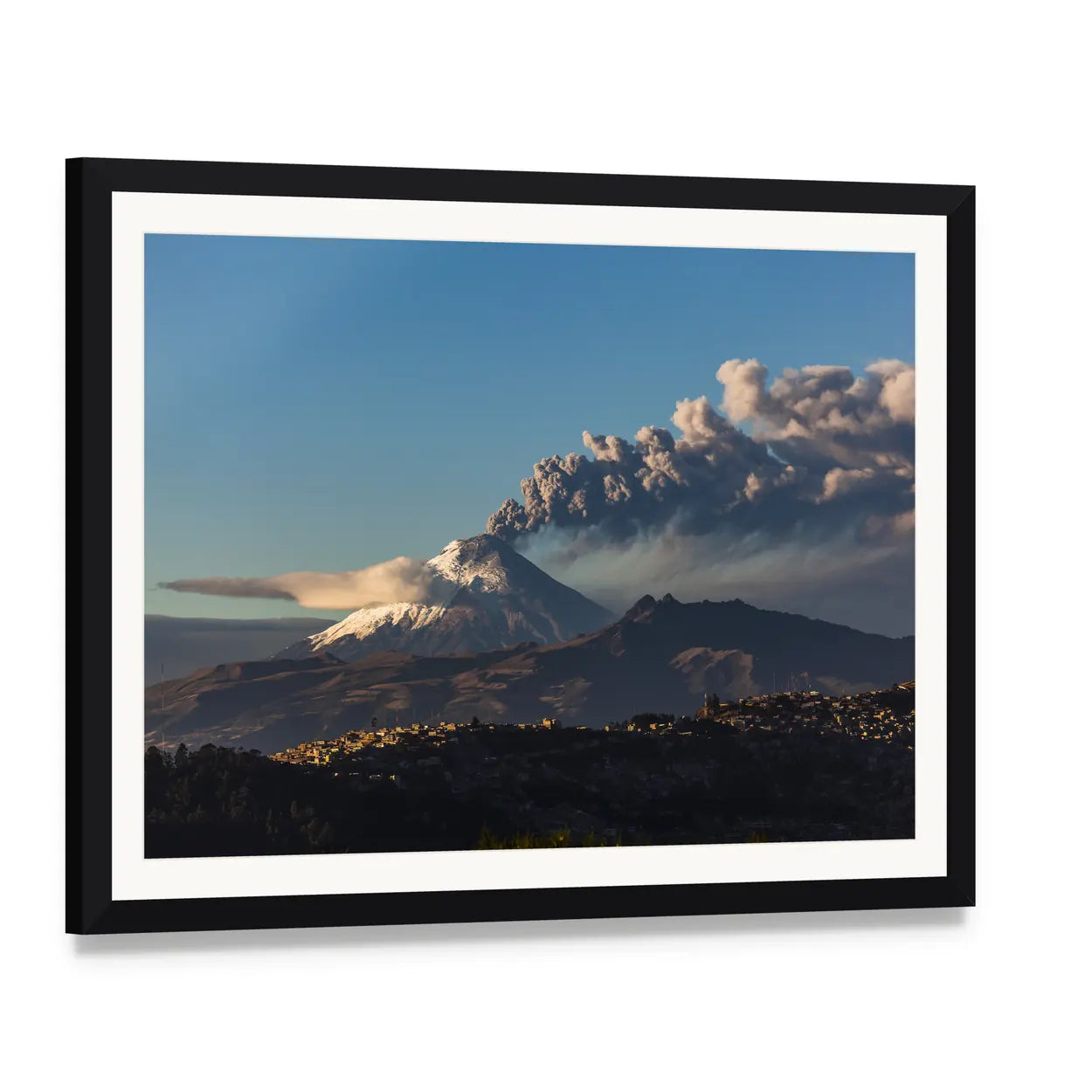 Cotopaxi Volcano Eruption with Snow-capped Peaks Canvas Wall Art, framed print with white mat and black frame, angled product view