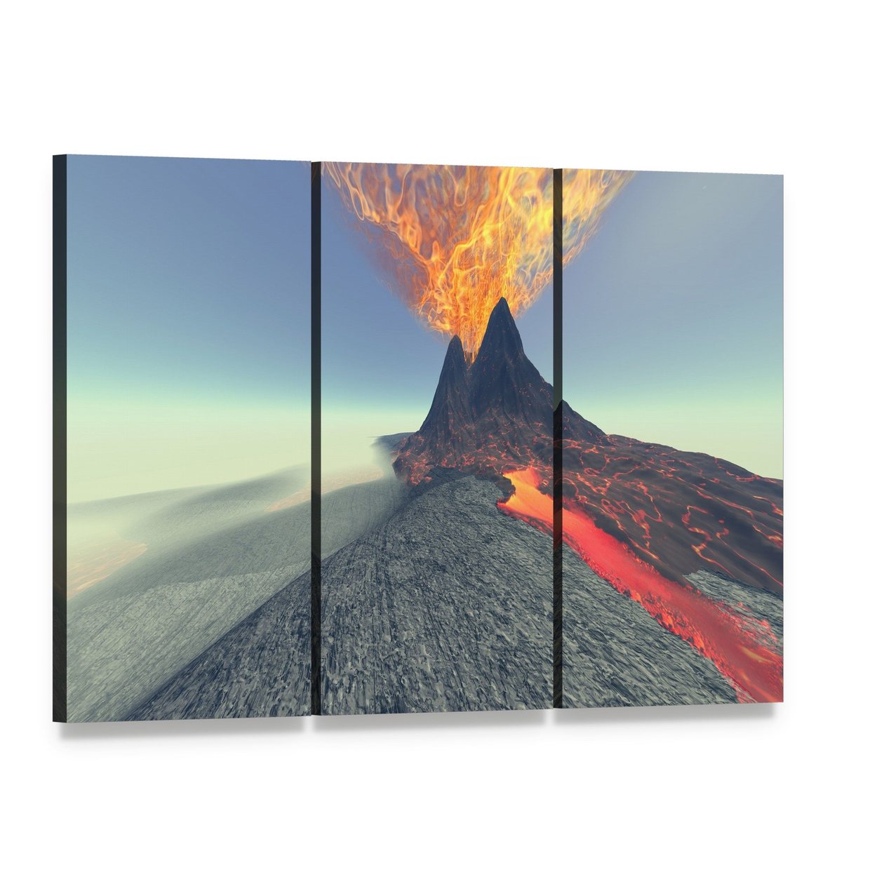 Volcano with Fire Smoke and Lava Canvas Wall Art, 3 panel 3 Horizontal layout gallery wrapped canvas set, angled product view