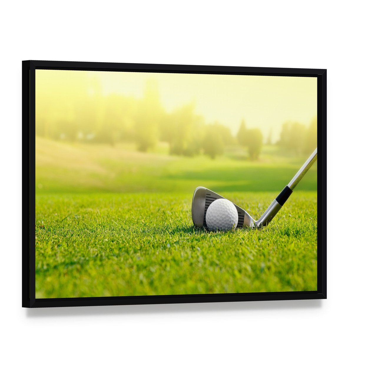Golf Ball with Stick Canvas Wall Art, framed canvas in a black floater frame, angled product view