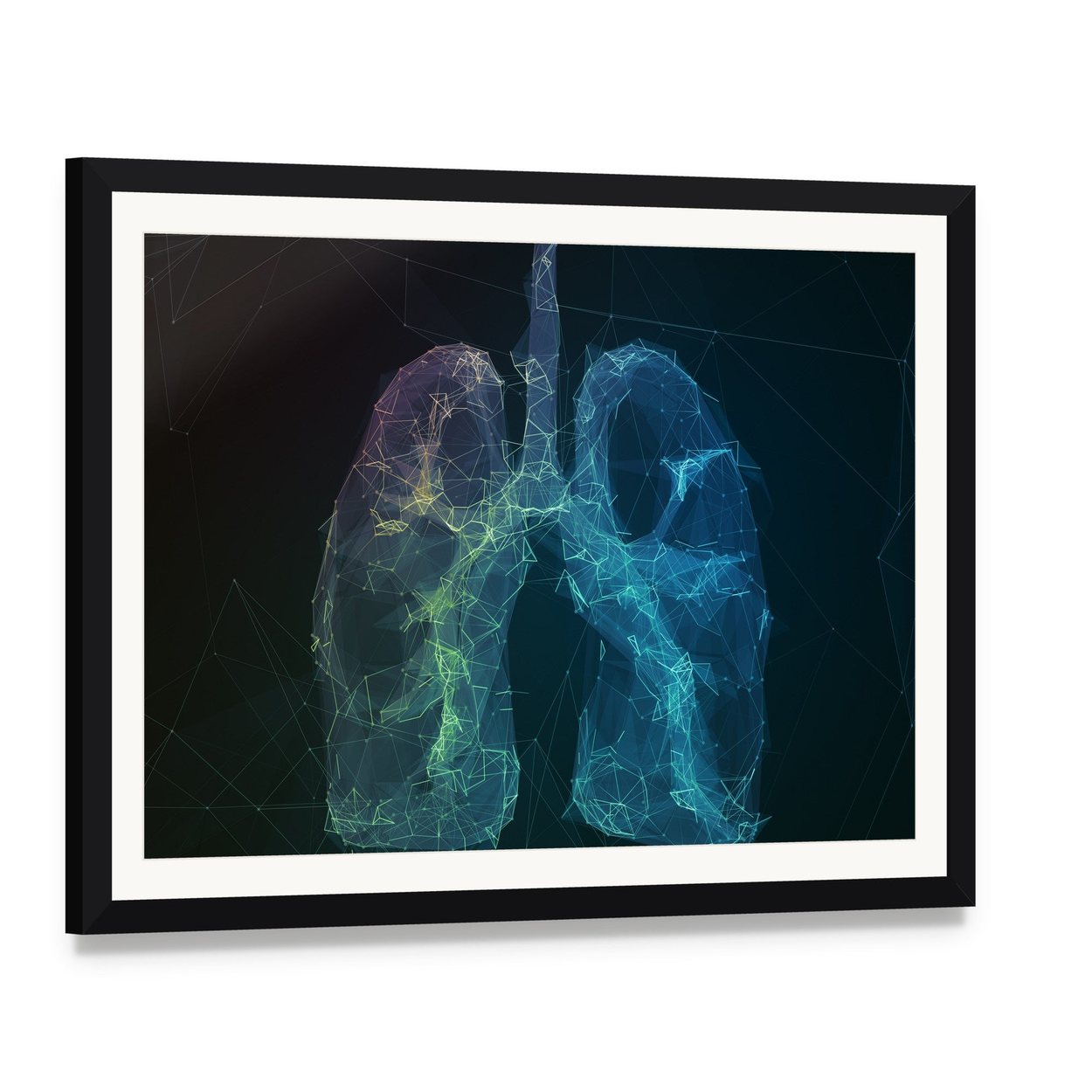 Wireframe Human Lungs Digital Canvas Wall Art, framed print with white mat and black frame, angled product view
