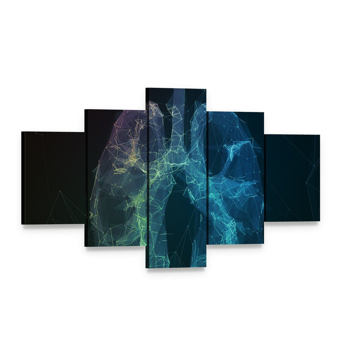 Wireframe Human Lungs Digital Canvas Wall Art, 5 panel 5 Star layout gallery wrapped canvas set, angled product view