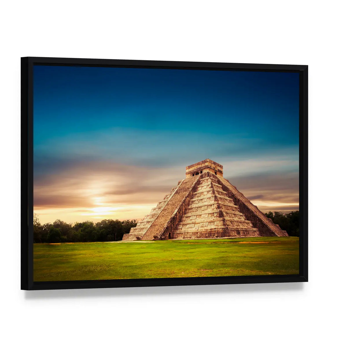 Temple of Kukulkan at Sunset Canvas Wall Art, framed canvas in a black floater frame, angled product view