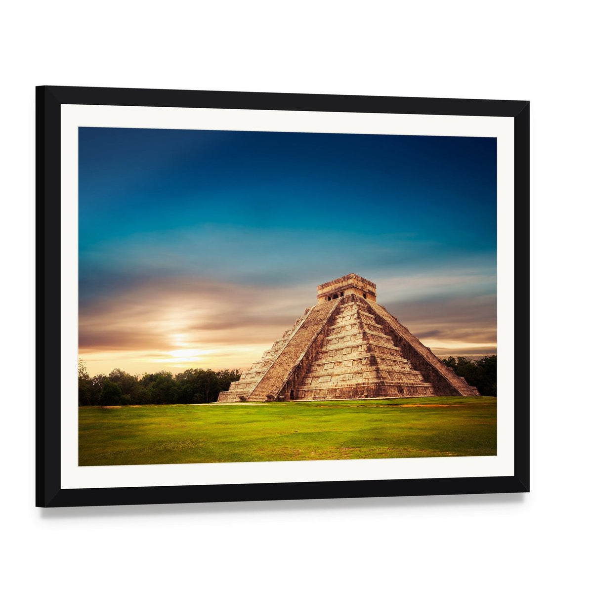 Temple of Kukulkan, Chichen Itza Canvas Wall Art, framed print with white mat and black frame, angled product view