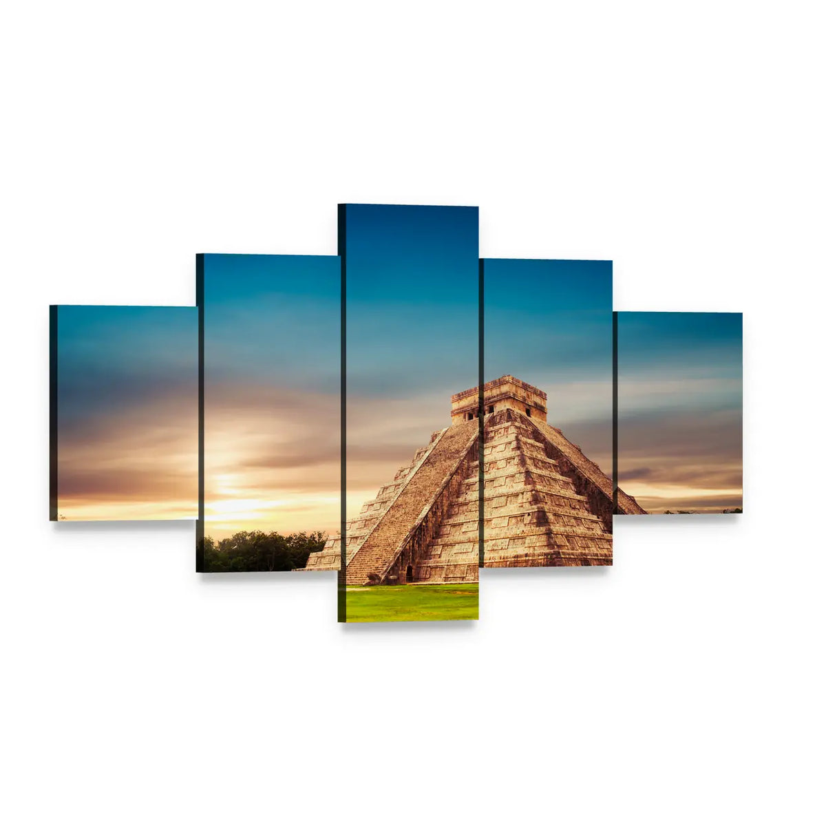 Temple of Kukulkan at Sunset Canvas Wall Art, 5 panel 5 Star layout gallery wrapped canvas set, angled product view