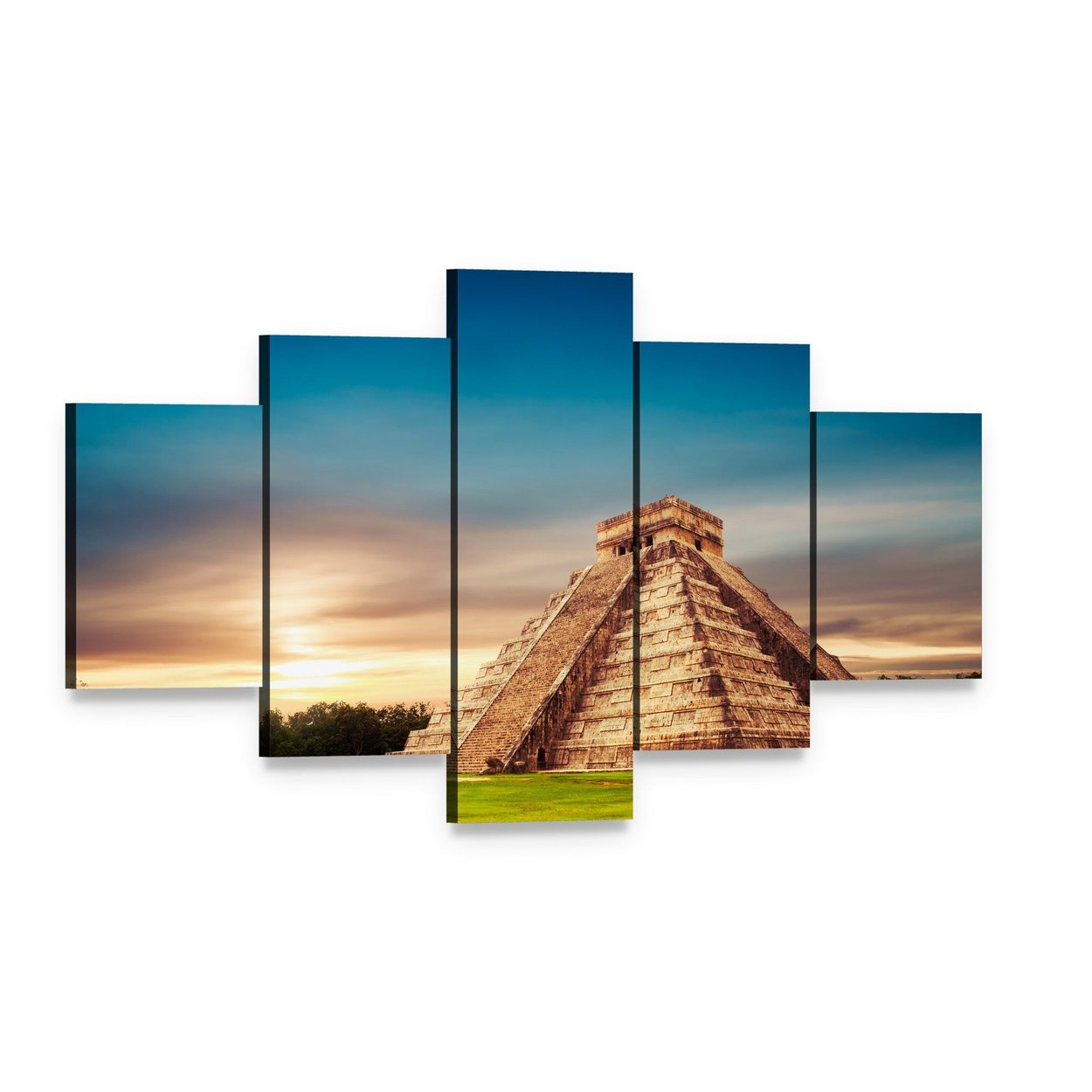 Temple of Kukulkan, Chichen Itza Canvas Wall Art, 5 panel 5 Star layout gallery wrapped canvas set, angled product view