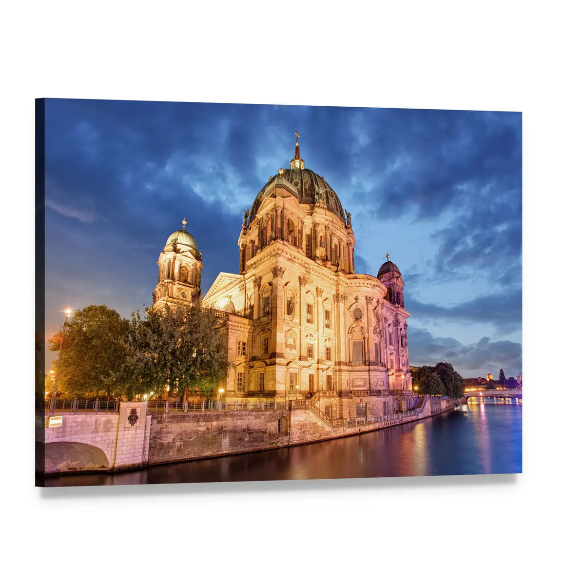 Berlin Cathedral at Night Canvas Wall Art, single panel gallery wrapped canvas, angled product view