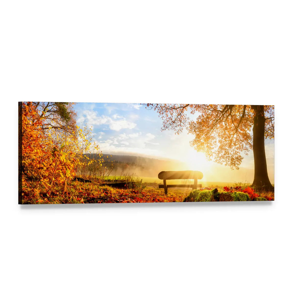 Autumn Sunrise with Lone Bench Panoramic Canvas Wall Art, single panel gallery wrapped canvas, angled product view