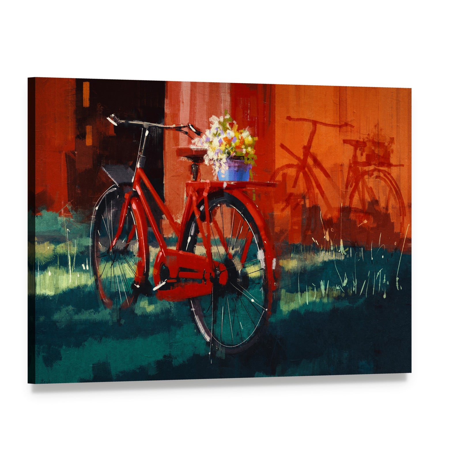 Vintage Bicycle with Bucket Full of Flowers Canvas Wall Art, single panel gallery wrapped canvas, angled product view