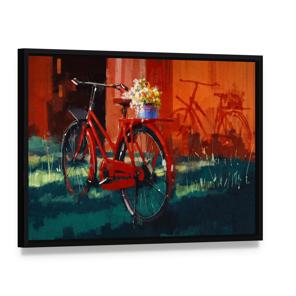 Vintage Bicycle with Bucket Full of Flowers Canvas Wall Art, framed canvas in a black floater frame, angled product view