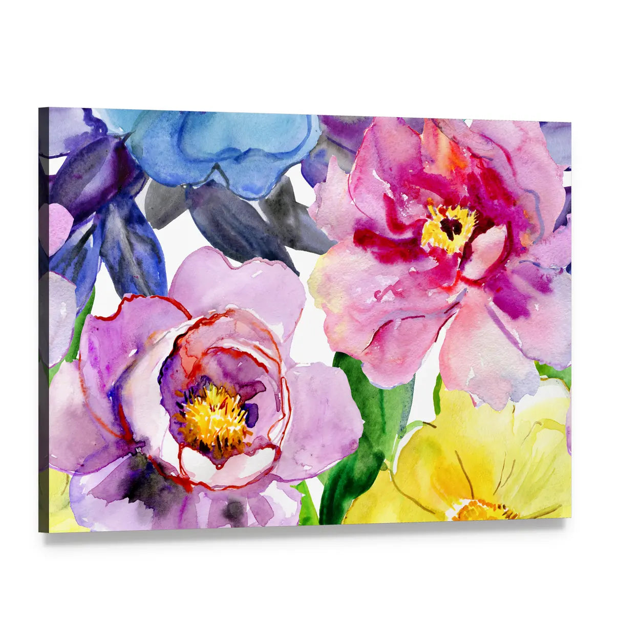 Seamless Watercolor Peonies and Poppies Canvas Wall Art, single panel gallery wrapped canvas, angled product view