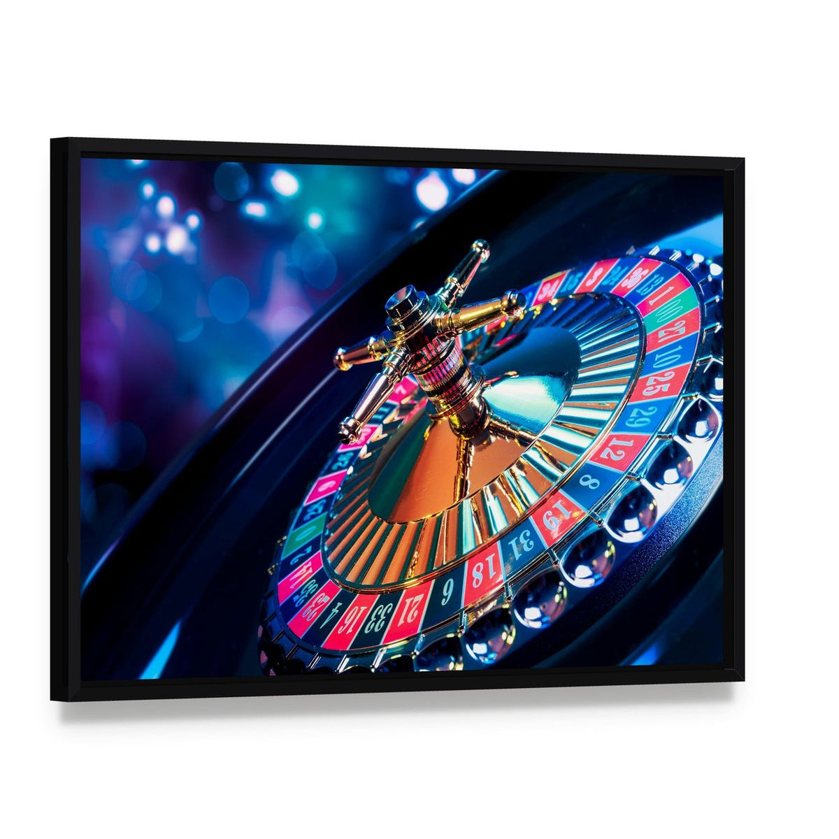 Casino Roulette Canvas Wall Art, framed canvas in a black floater frame, angled product view