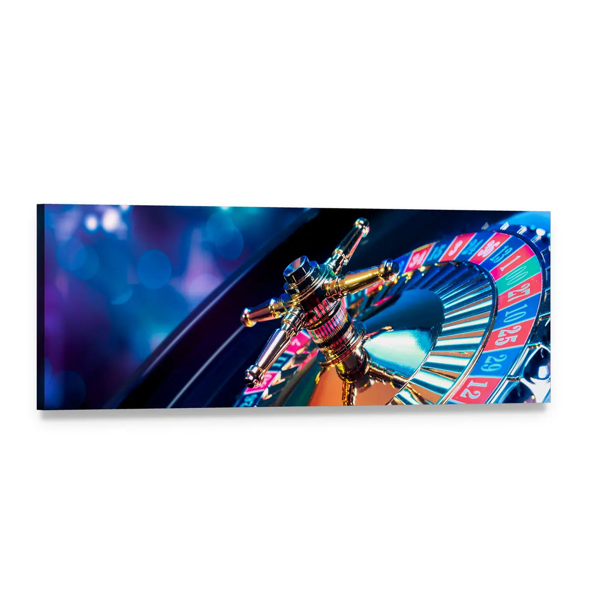 Roulette Wheel Close-up with Gold Spindle Panoramic Canvas Wall Art, single panel gallery wrapped canvas, angled product view