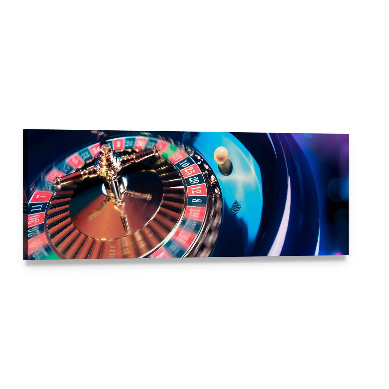 Roulette Wheel in Motion Panoramic Canvas Wall Art, single panel gallery wrapped canvas, angled product view