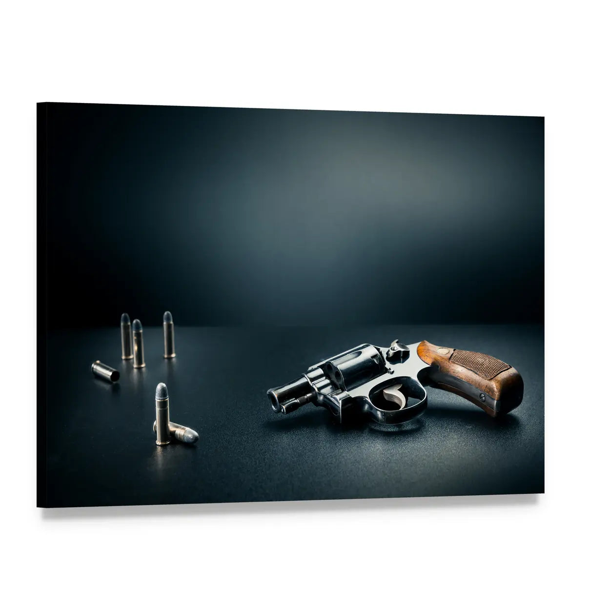 Revolver with Wooden Grip and Bullets Canvas Wall Art, single panel gallery wrapped canvas, angled product view