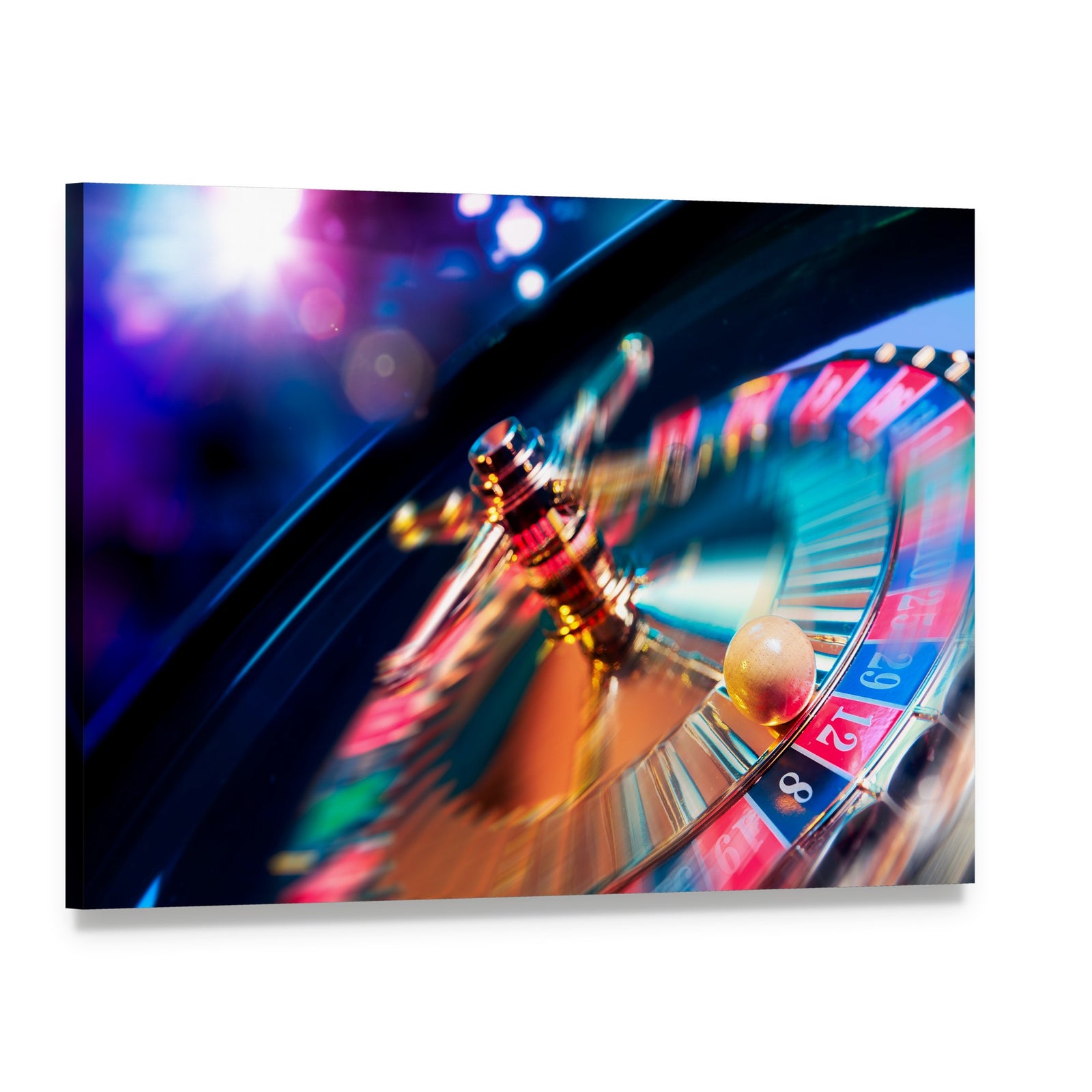 Casino Wheel in Motion Canvas Wall Art, single panel gallery wrapped canvas, angled product view