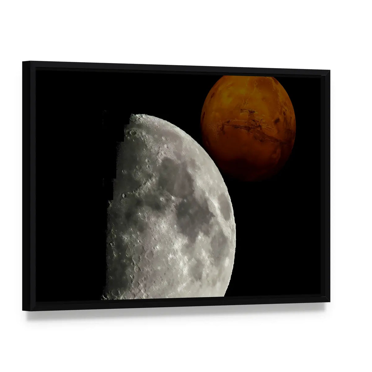 View of Mars from Moon Canvas Wall Art, framed canvas in a black floater frame, angled product view