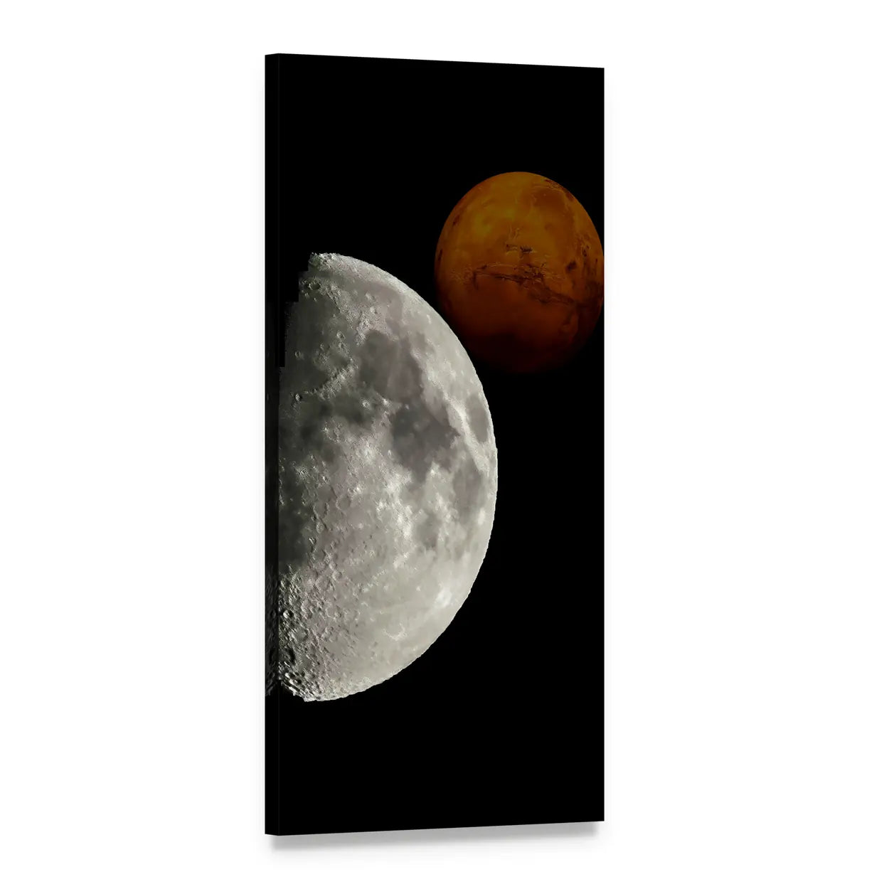 Moon and Mars in Deep Space Vertical Canvas Wall Art, 1 panel 1 Vertical layout gallery wrapped canvas set, angled product view