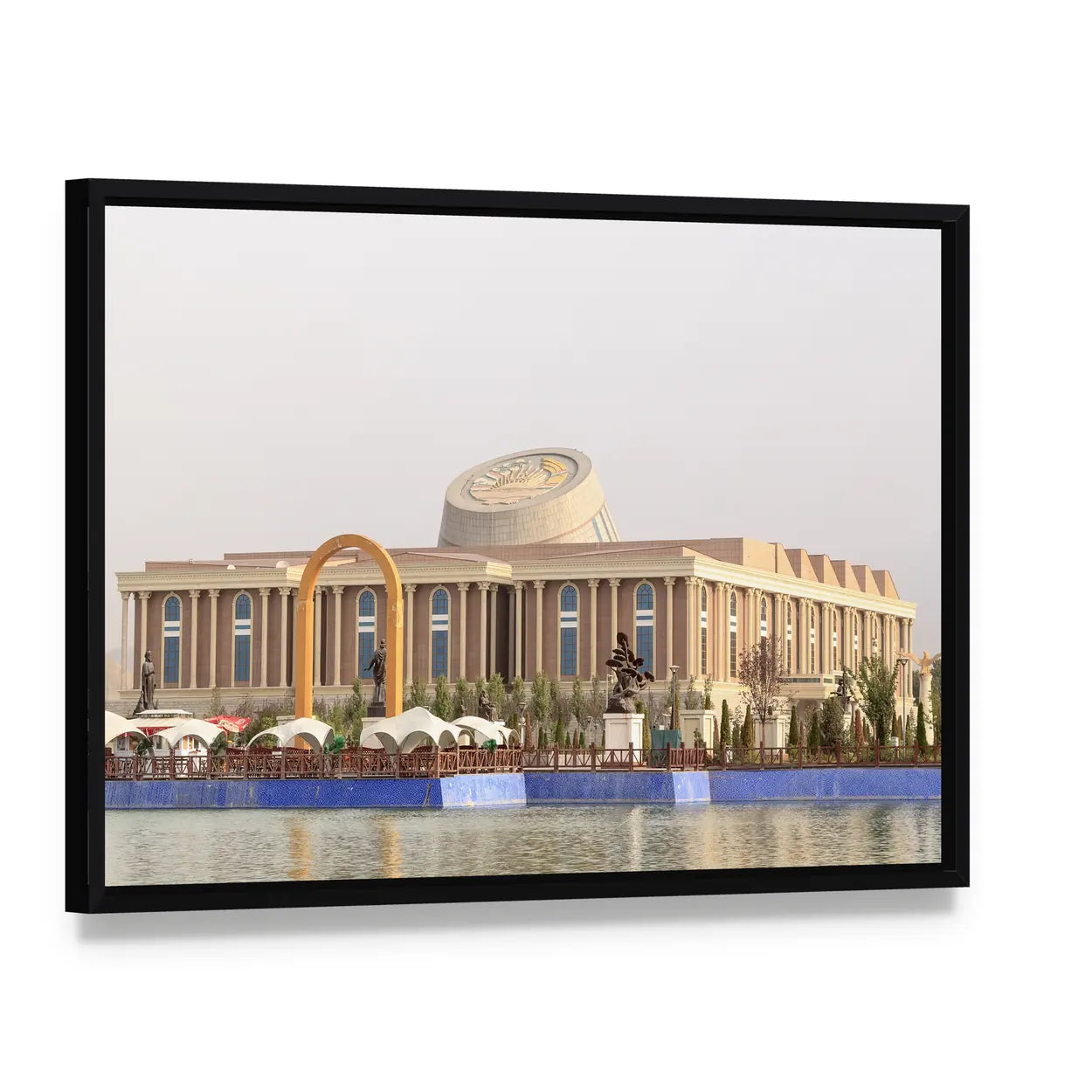 National Museum In Tajikistan Canvas Wall Art, framed canvas in a black floater frame, angled product view