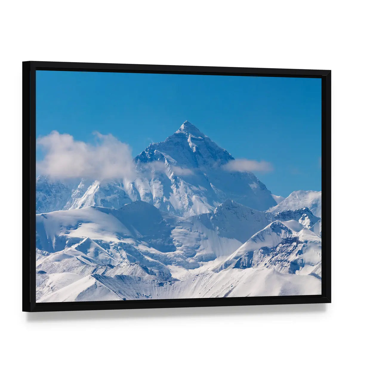 Mount Everest Snow Peaks Canvas Wall Art, framed canvas in a black floater frame, angled product view