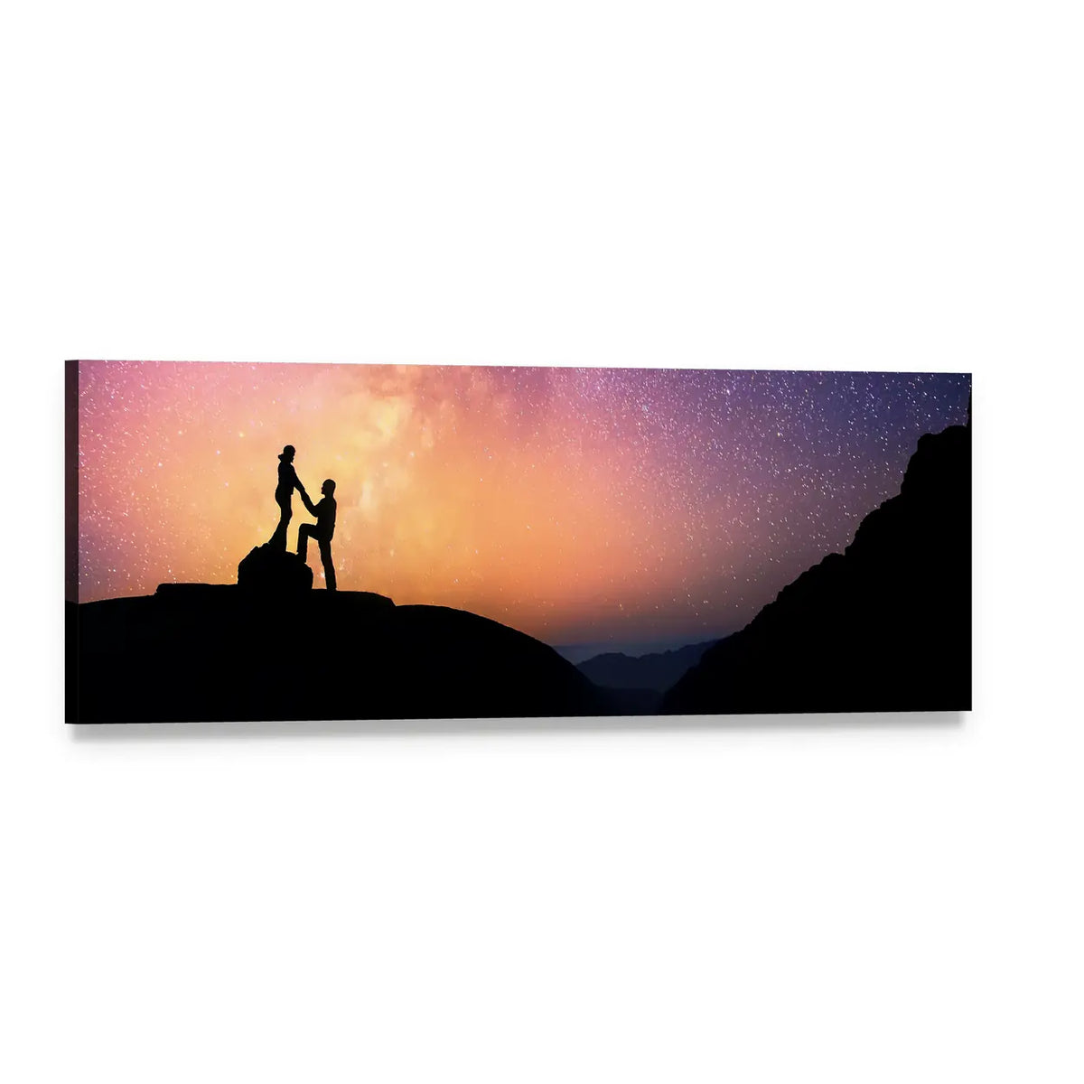 Mountain Proposal Under the Milky Way Panoramic Canvas Wall Art, single panel gallery wrapped canvas, angled product view
