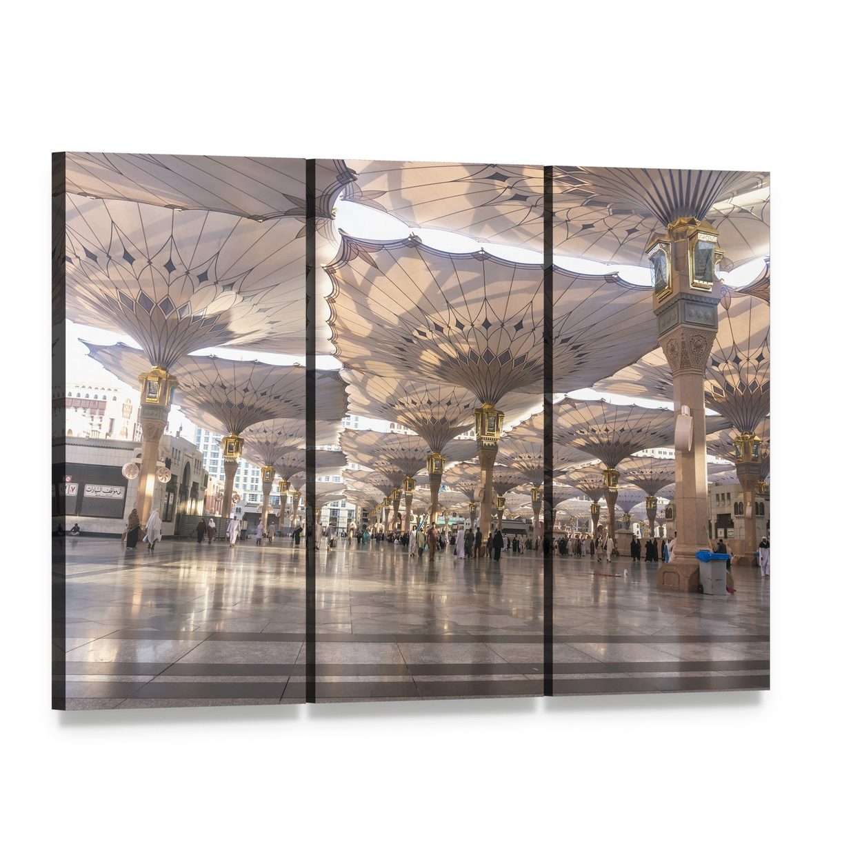 Umbrellas at Nabawi Mosque in Medina Canvas Wall Art, 3 panel 3 Horizontal layout gallery wrapped canvas set, angled product view