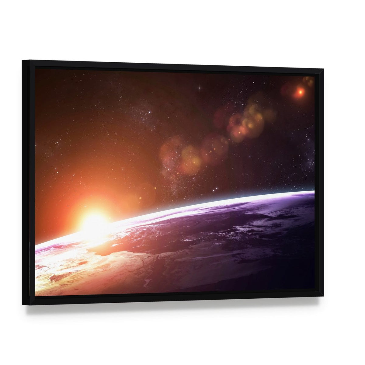 Sunset on Planet Earth Canvas Wall Art, framed canvas in a black floater frame, angled product view