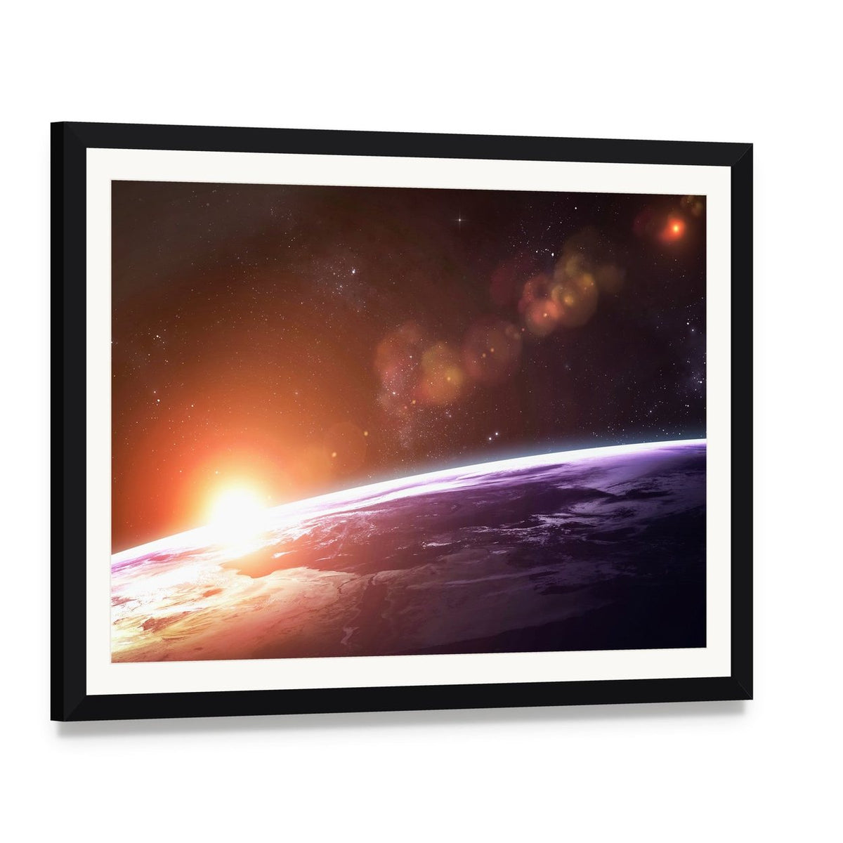 Sunset on Planet Earth Canvas Wall Art, framed print with white mat and black frame, angled product view