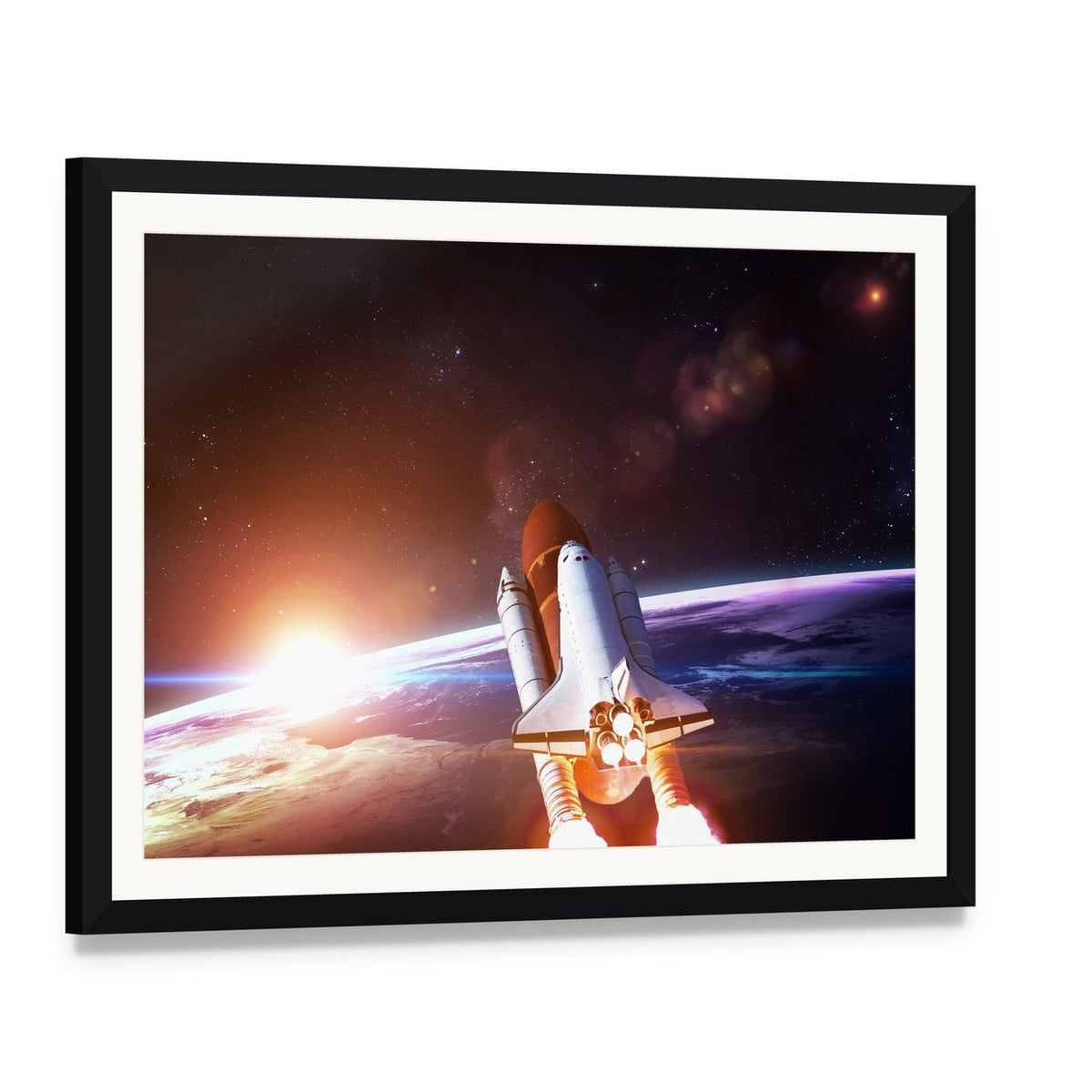 Space Shuttle Taking Off on a Mission Canvas Wall Art, framed print with white mat and black frame, angled product view