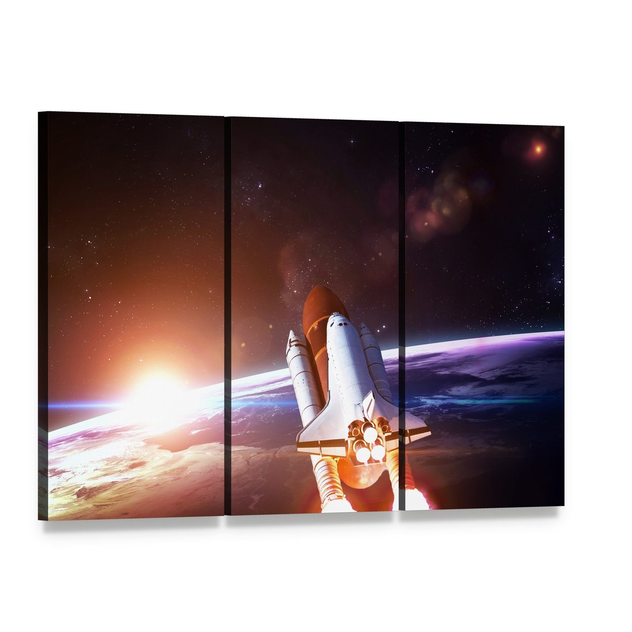 Space Shuttle Taking Off on a Mission Canvas Wall Art, 3 panel 3 Horizontal layout gallery wrapped canvas set, angled product view