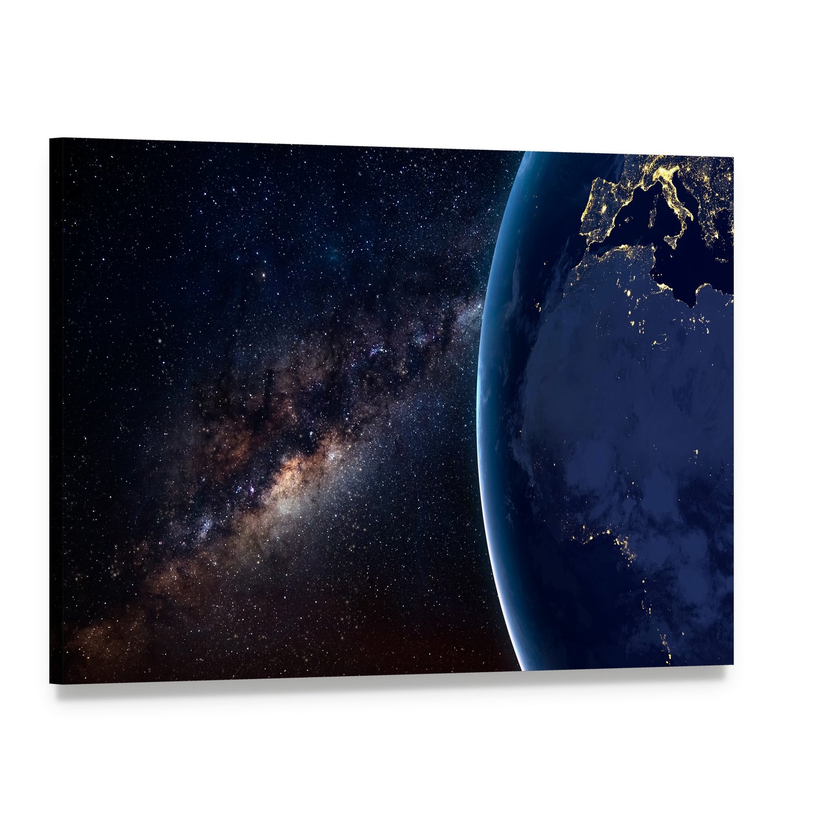 Planet Earth and Milky Way at Night Canvas Wall Art, single panel gallery wrapped canvas, angled product view