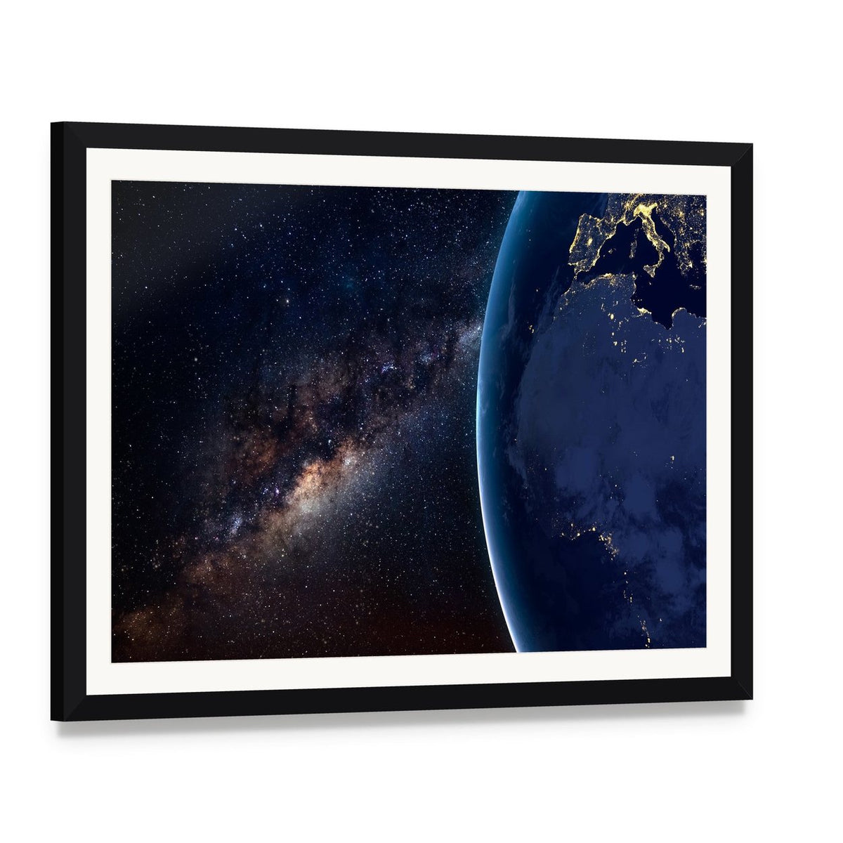 Planet Earth and Milky Way at Night Canvas Wall Art, framed print with white mat and black frame, angled product view