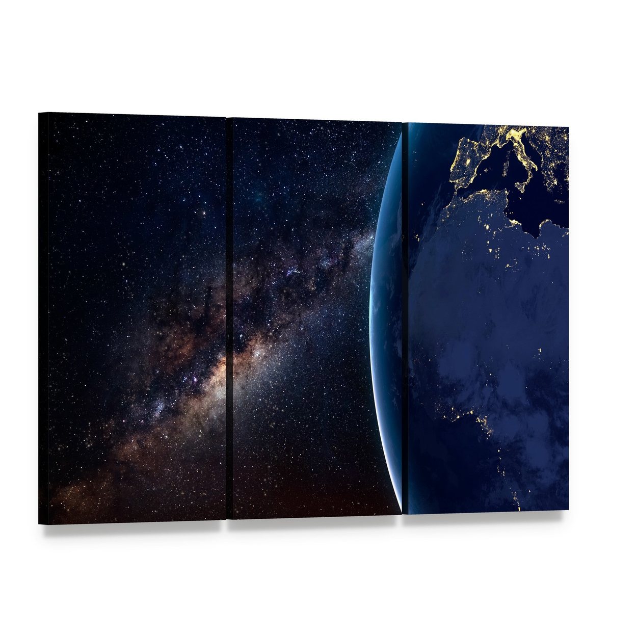 Planet Earth and Milky Way at Night Canvas Wall Art, 3 panel 3 Horizontal layout gallery wrapped canvas set, angled product view