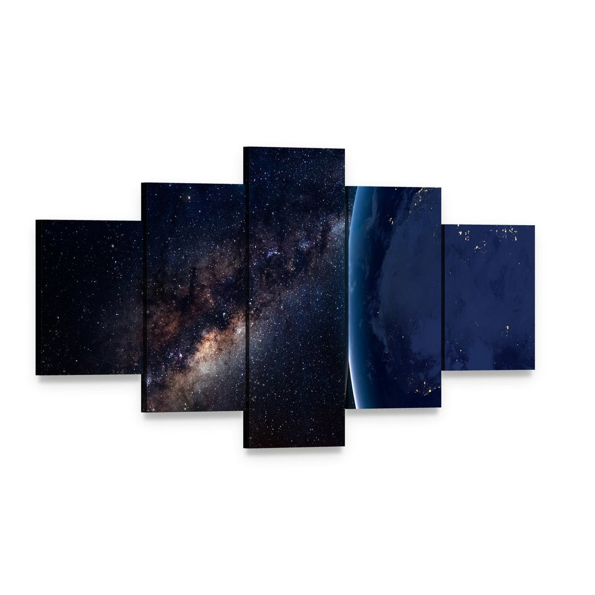 Planet Earth and Milky Way at Night Canvas Wall Art, 5 panel 5 Star layout gallery wrapped canvas set, angled product view