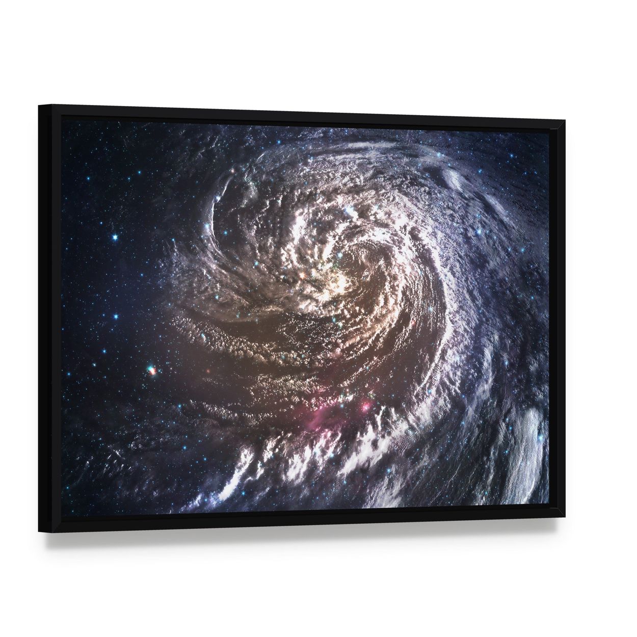 Spiral Galaxy in Deep Space Canvas Wall Art, framed canvas in a black floater frame, angled product view
