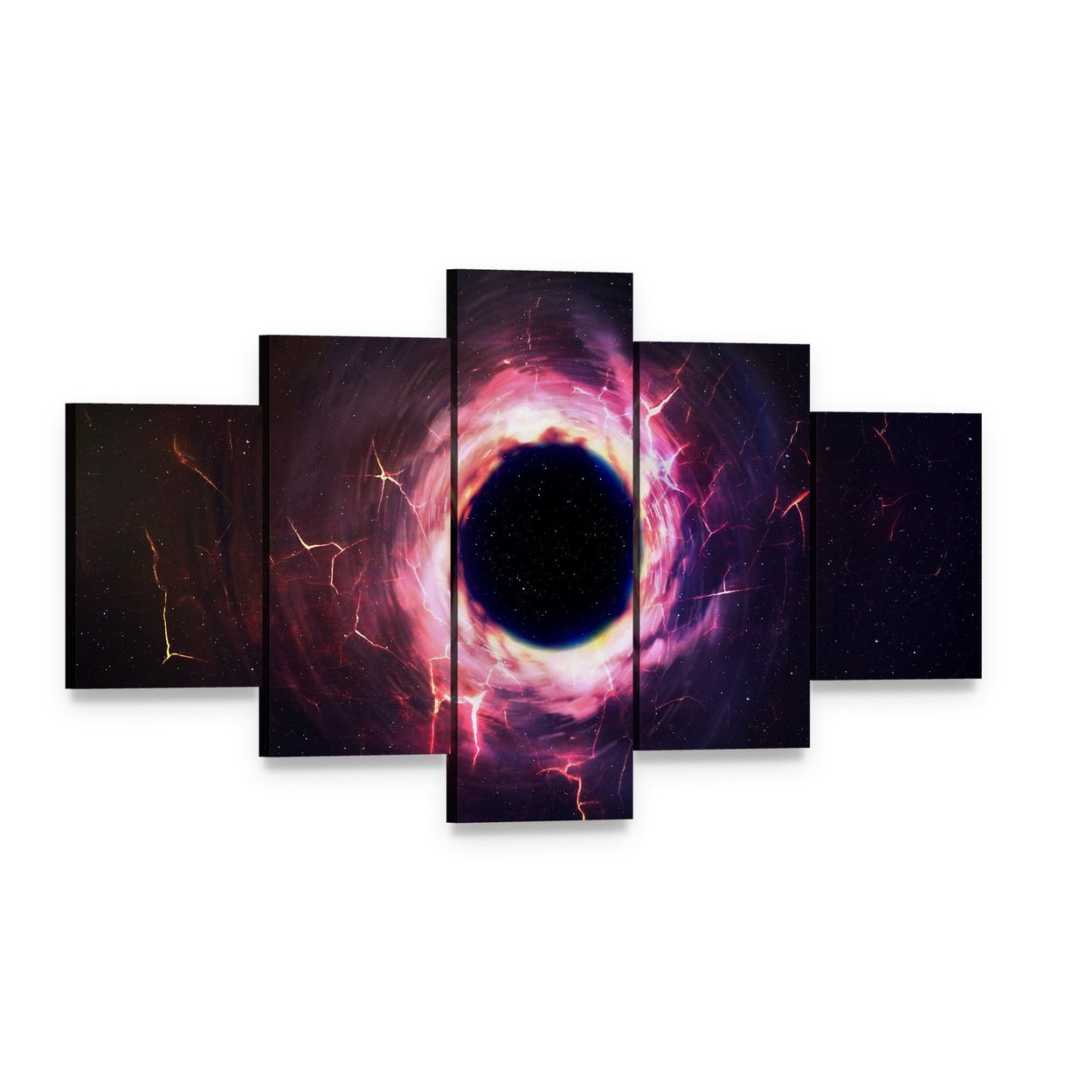 Black Hole Illustration Canvas Wall Art, 5 panel 5 Star layout gallery wrapped canvas set, angled product view