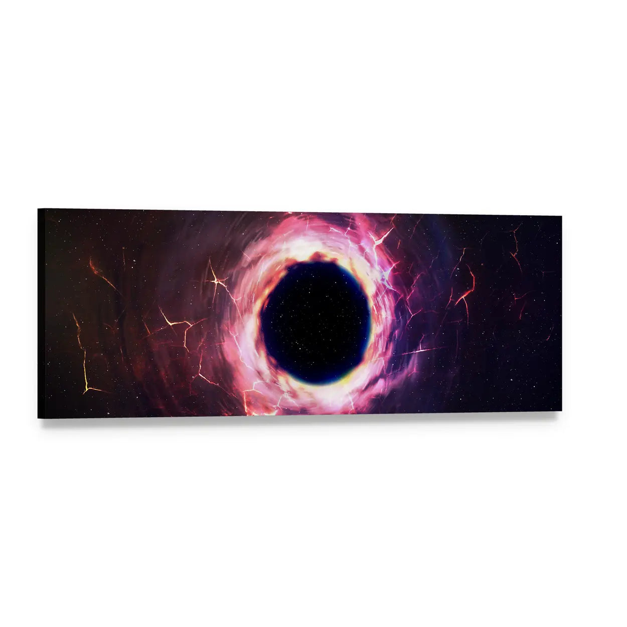 Black Hole Cosmic Vortex Illustration Panoramic Canvas Wall Art, single panel gallery wrapped canvas, angled product view