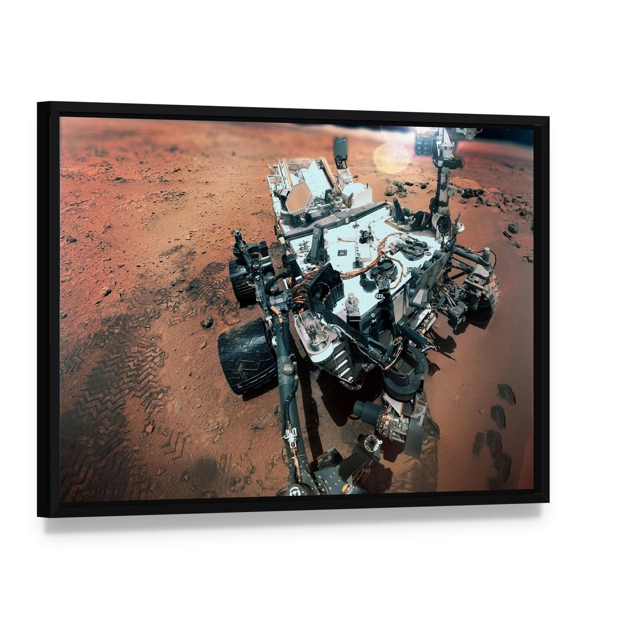 Rover on Mars Surface Canvas Wall Art, framed canvas in a black floater frame, angled product view