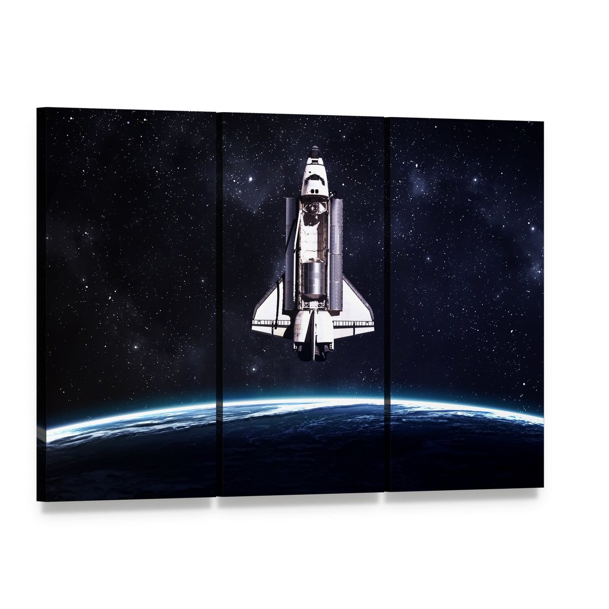 Space Shuttle Over Earth Canvas Wall Art, 3 panel 3 Horizontal layout gallery wrapped canvas set, angled product view