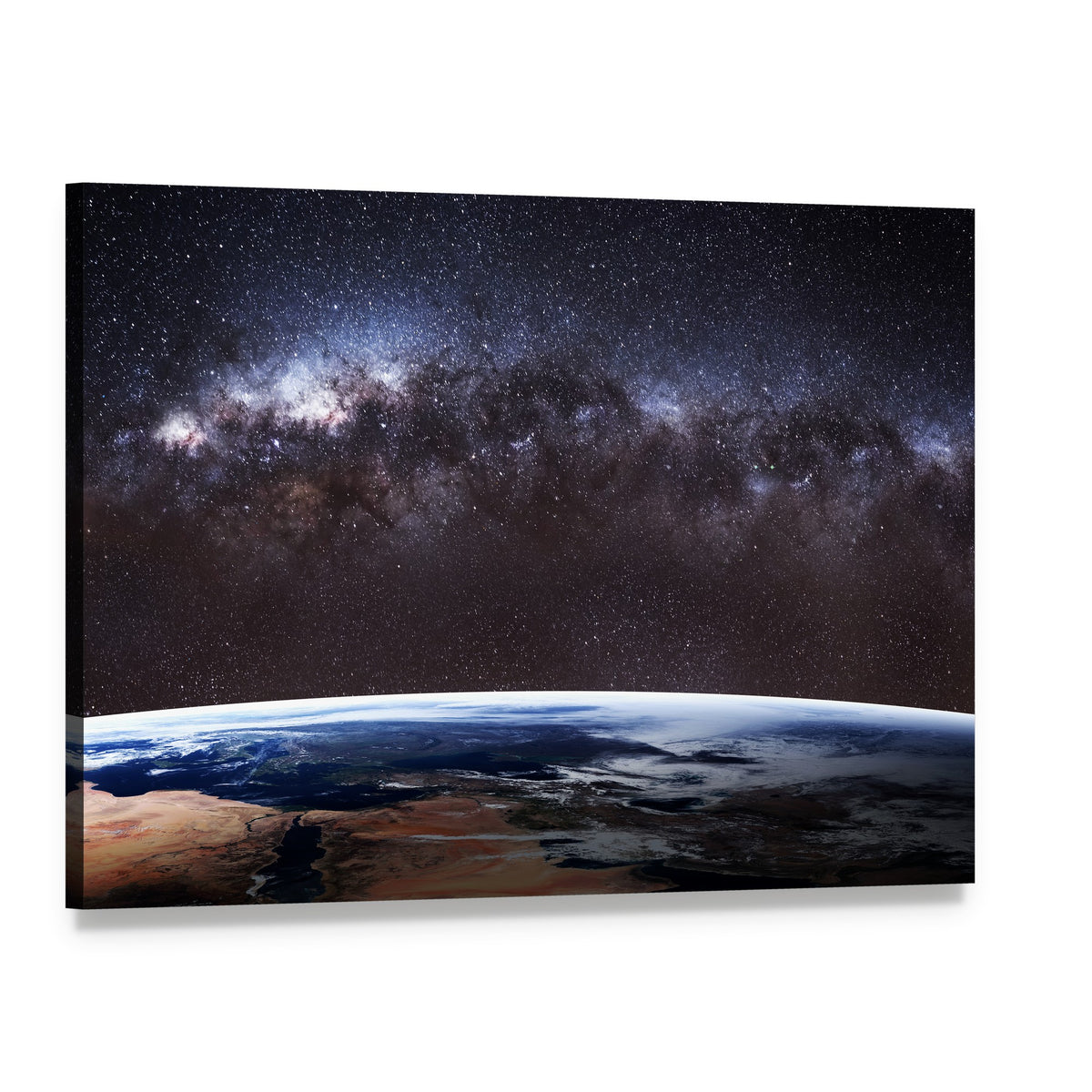 Planet Earth and Milky Way Canvas Wall Art, single panel gallery wrapped canvas, angled product view