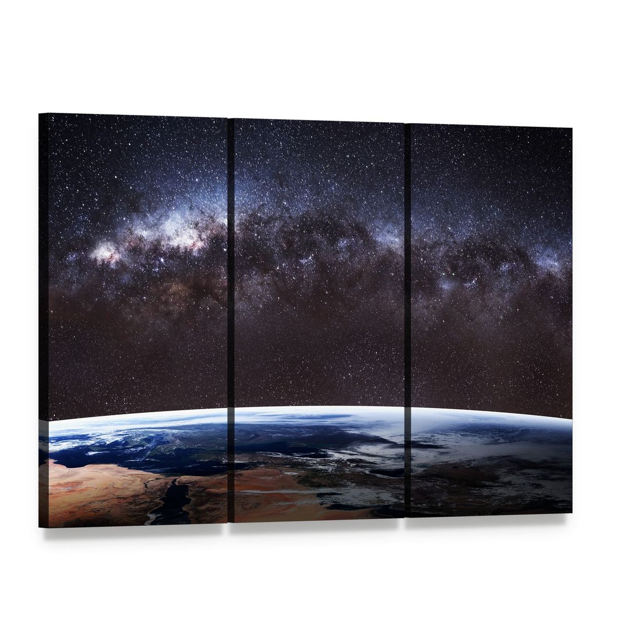 Planet Earth and Milky Way Canvas Wall Art, 3 panel 3 Horizontal layout gallery wrapped canvas set, angled product view